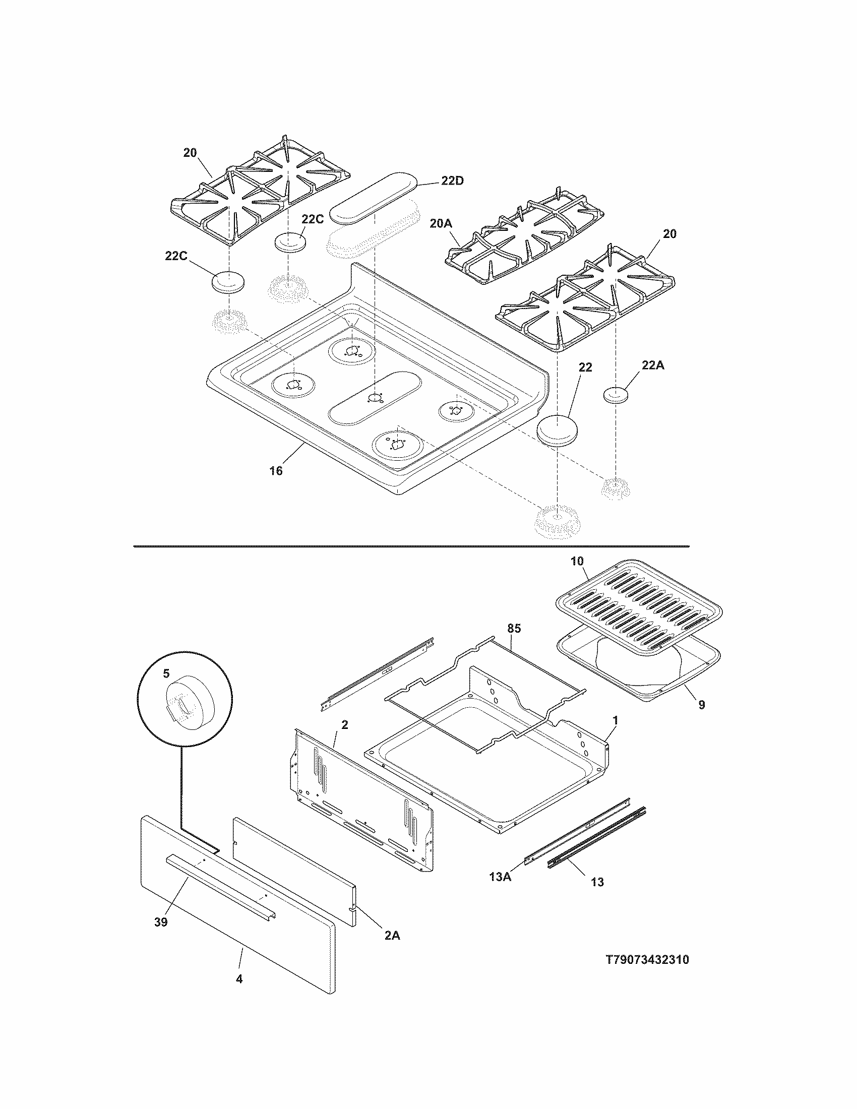 Top/drawer Diagram and Parts List for 79073439310  Kenmore Range