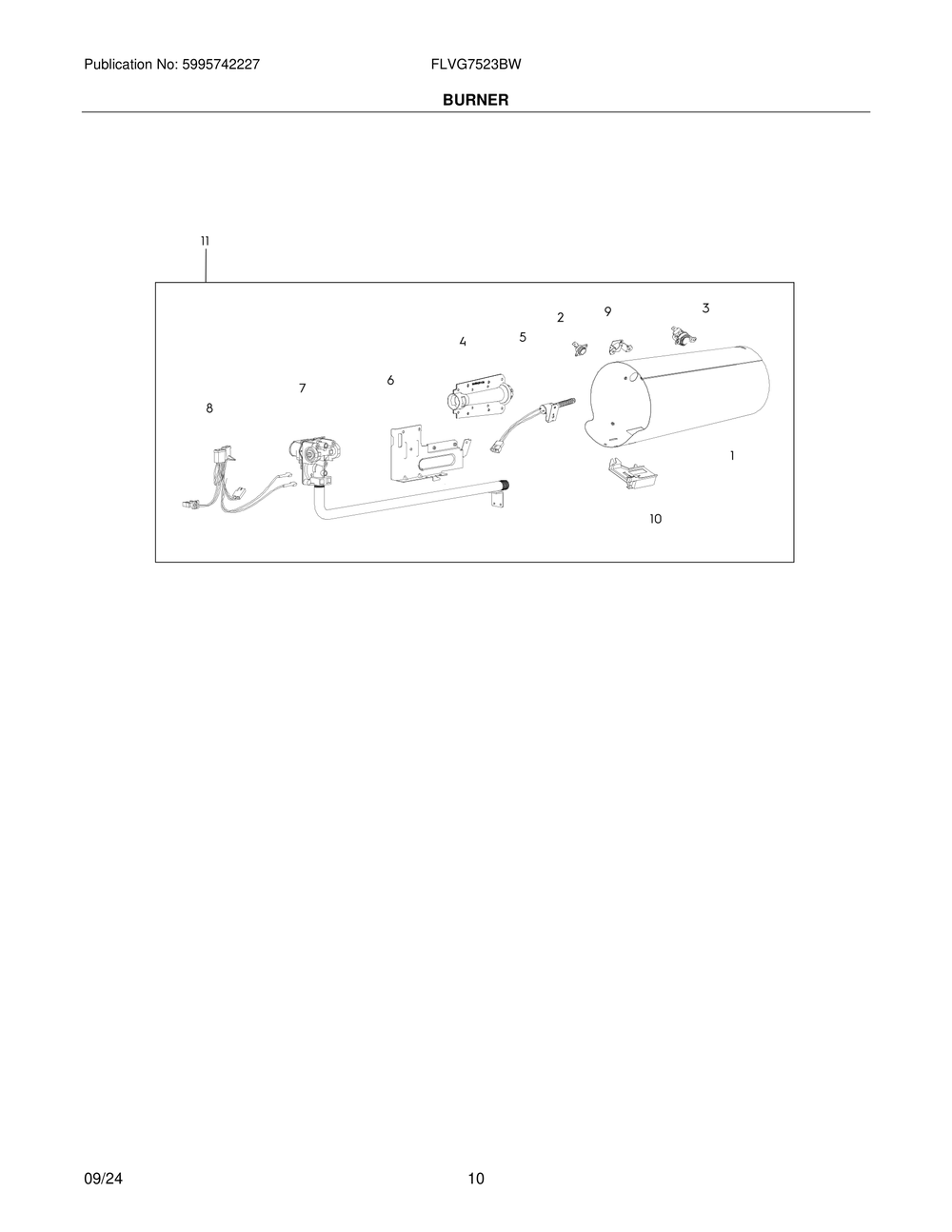 Burner Diagram and Parts List for FLVG7523BW  Frigidaire Dryer