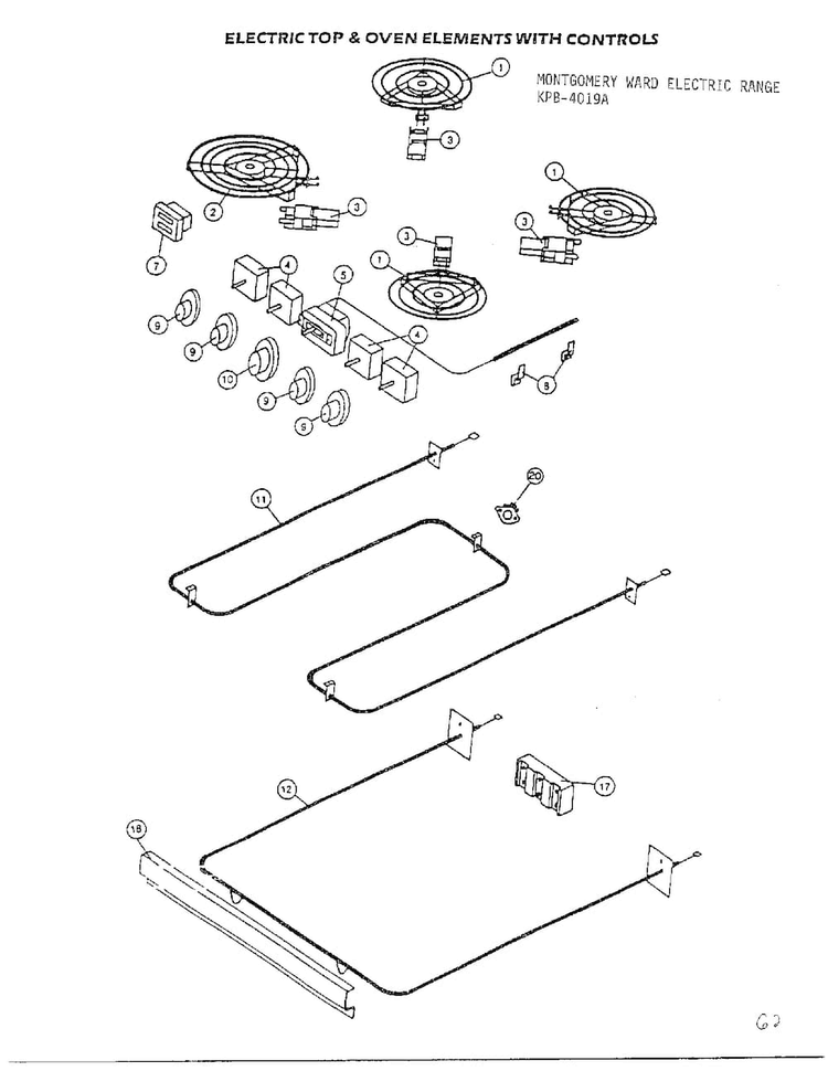 Electric Top And Oven Elements With Controls Diagram and Parts List for 2530E  Frigidaire Range