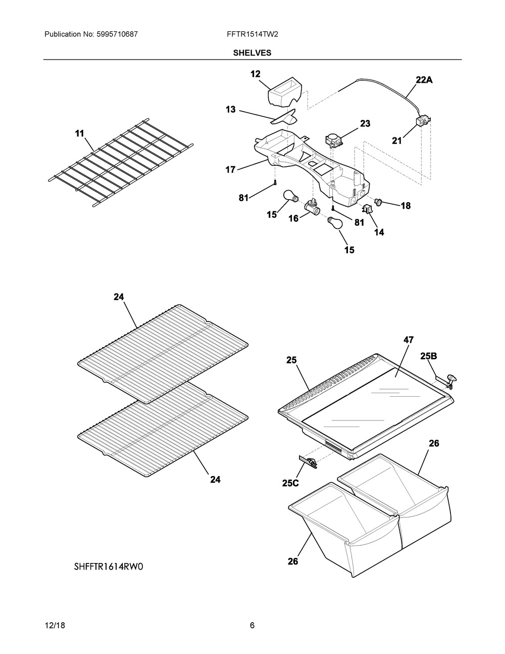 Shelves Diagram and Parts List for FFTR1514TW2  Frigidaire Refrigerator