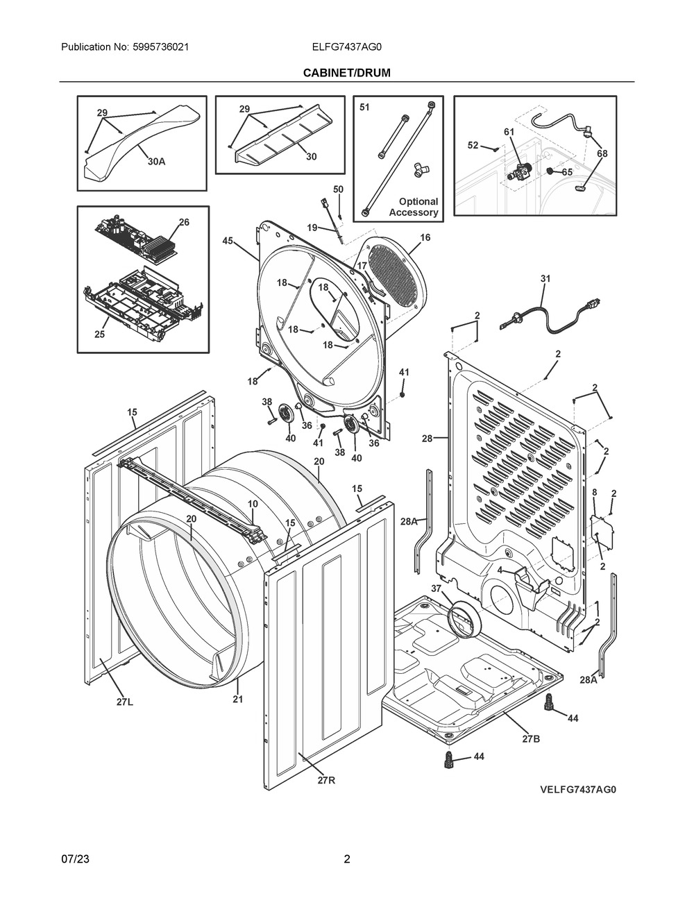 Cabinet/Drum Diagram and Parts List for ELFG7437AG0  Frigidaire Dryer