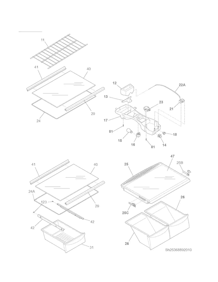 Shelves Diagram and Parts List for 25368892015  Kenmore Refrigerator