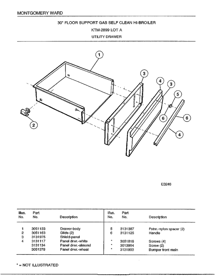 Utility Drawer Diagram and Parts List for 2899A  Frigidaire Range