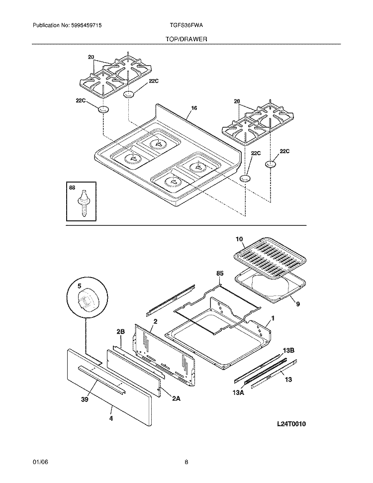 TOP / DRAWER Diagram and Parts List for TGFS36FWA  Tappan Range