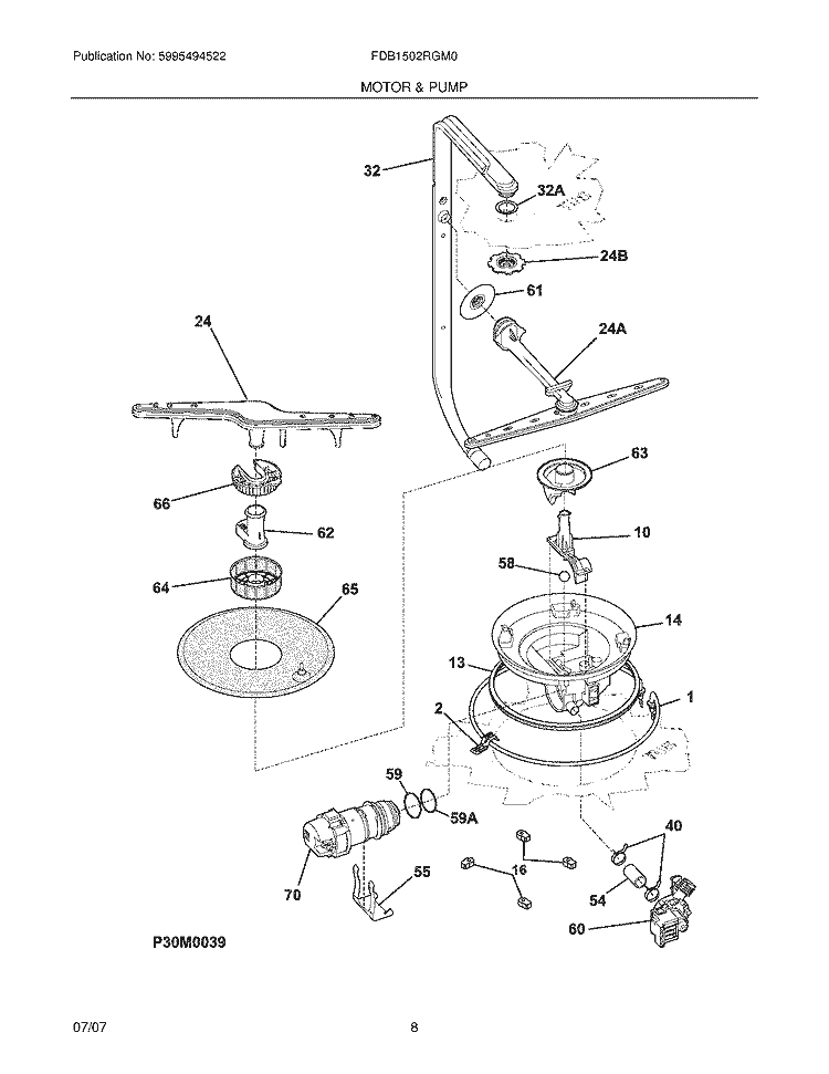 MOTOR & PUMP Diagram and Parts List for FDB1502RGM0  Frigidaire Dishwasher