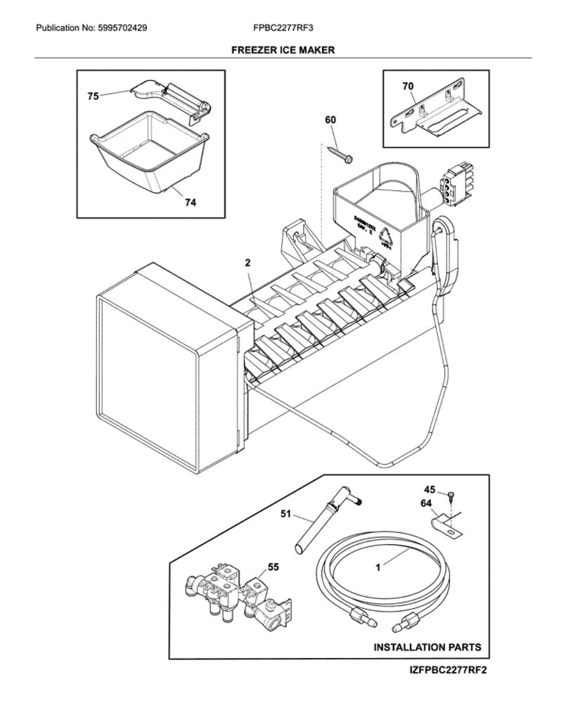 Freezer Ice Maker Diagram and Parts List for FPBG2277RF3  Frigidaire Refrigerator