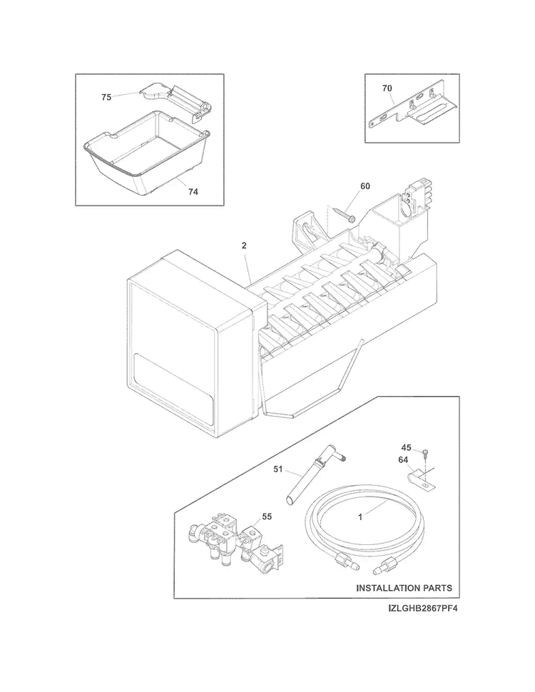 Freezer Ice Maker Diagram and Parts List for FPBS2777RF0  Frigidaire Refrigerator