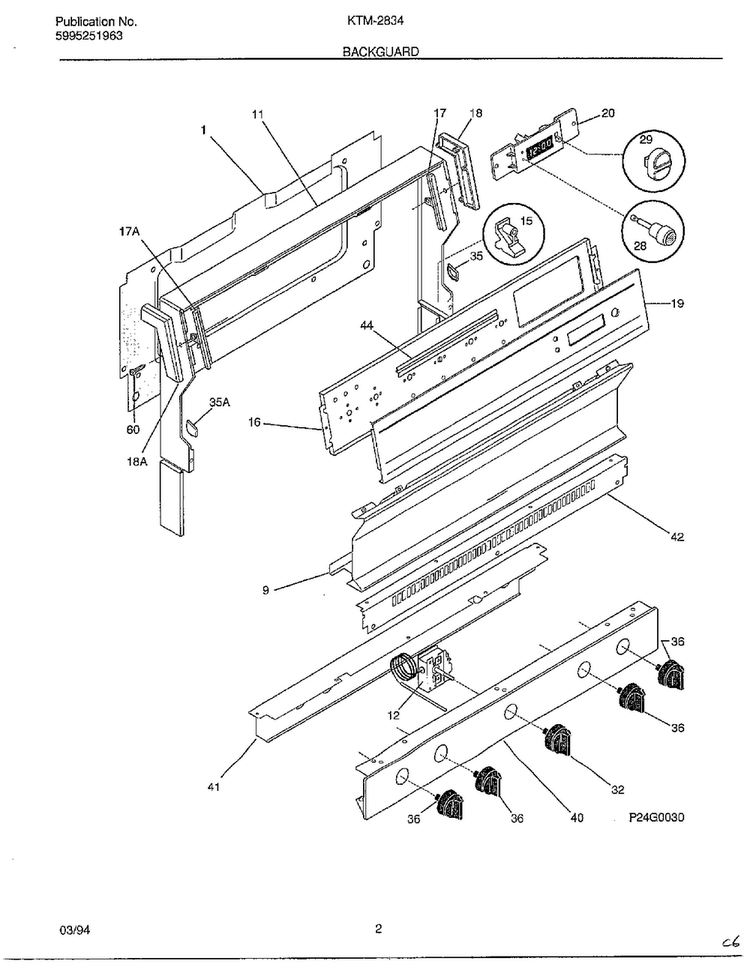 Backguard Diagram and Parts List for 2834-80B  Frigidaire Range