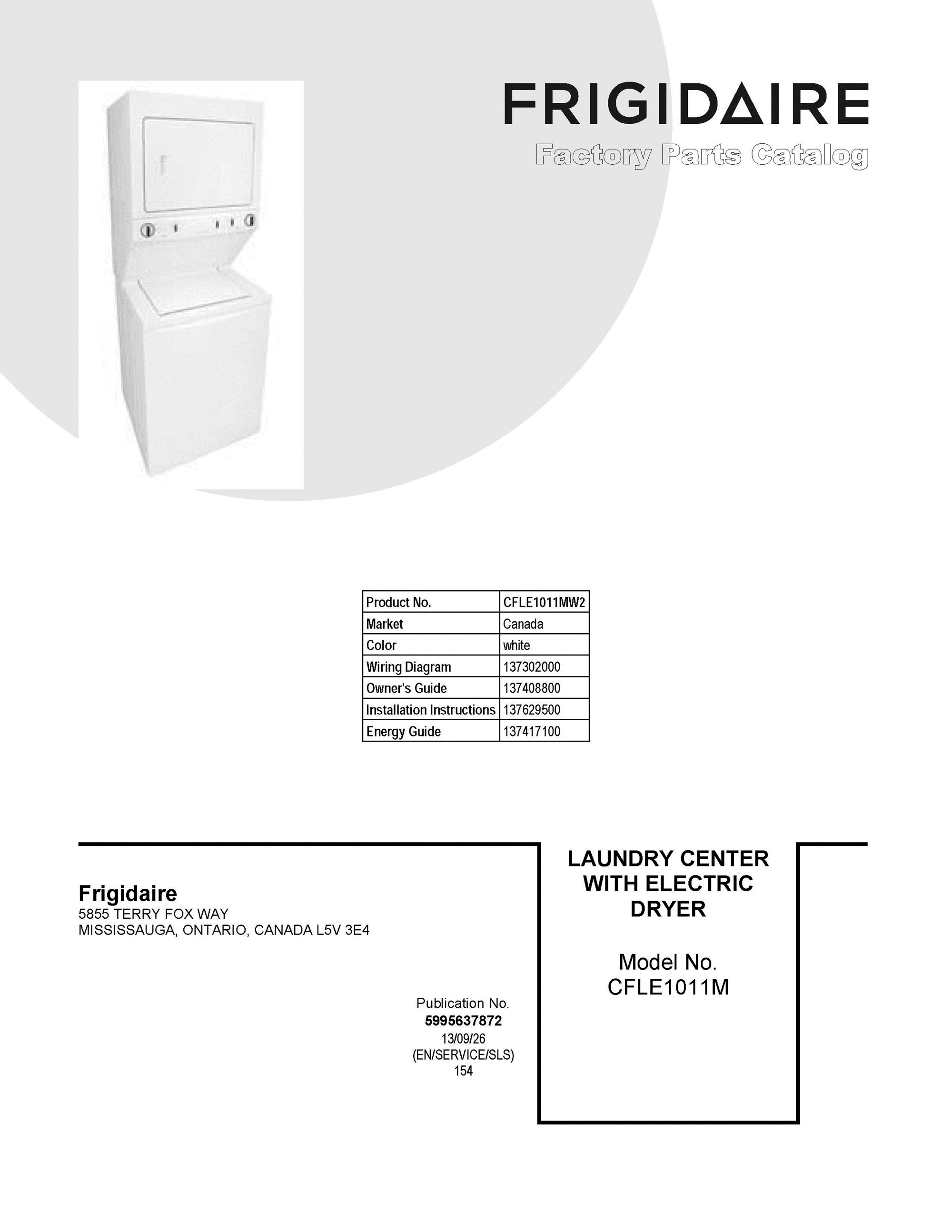 01 - COVER SHEET Diagram and Parts List for CFLE1011MW2  Frigidaire Washer Dryer Combo
