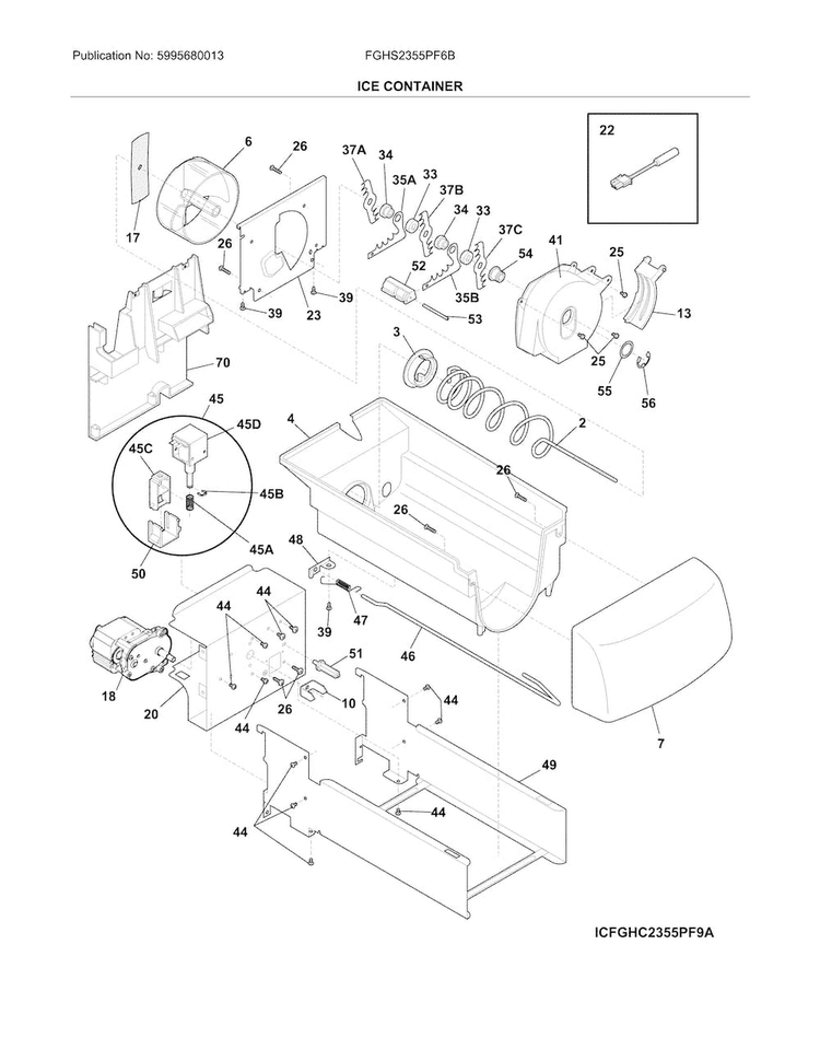 Ice Container Diagram and Parts List for FGHS2355PF6B  Frigidaire Refrigerator
