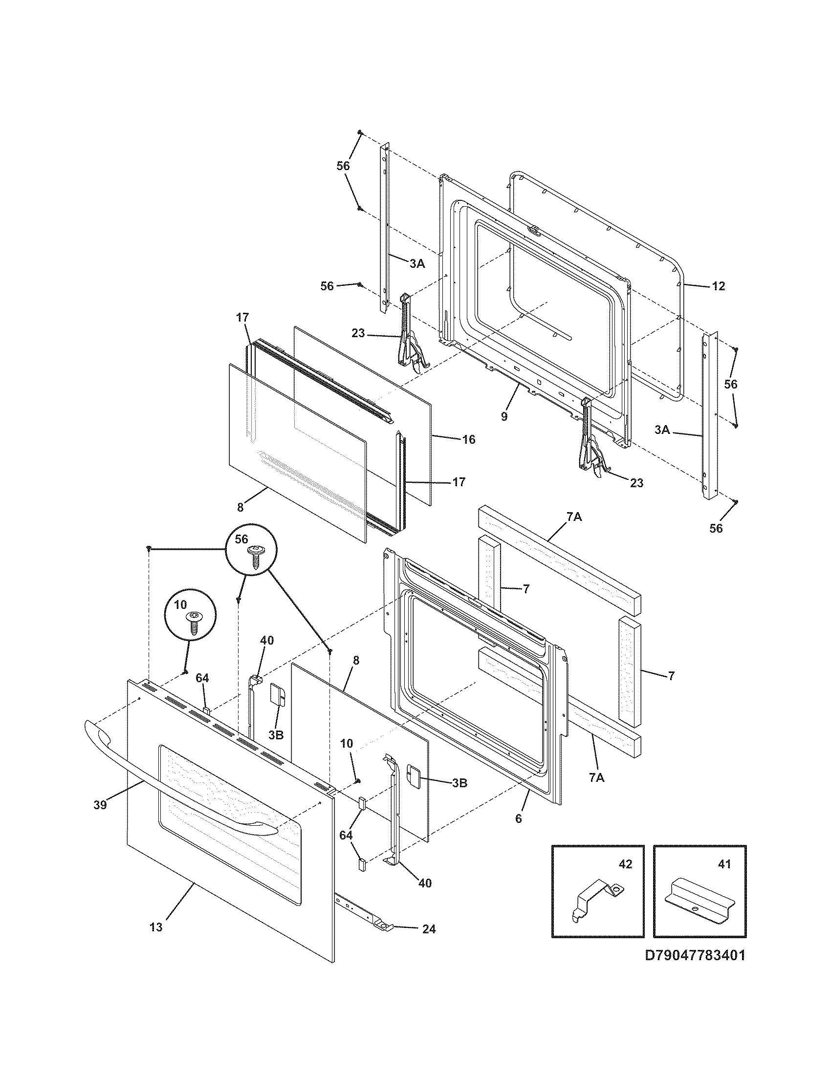 Door Diagram and Parts List for 79047833405  Kenmore Wall Oven