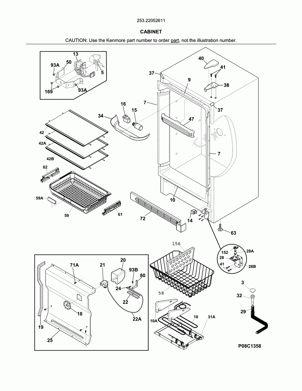 Cabinet Diagram and Parts List for 25322052611  Kenmore Freezer