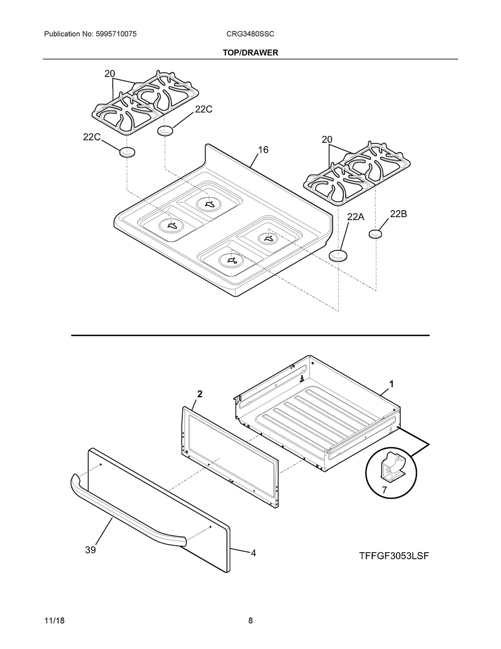 Top/drawer Diagram and Parts List for CRG3480SSC  Frigidaire Range
