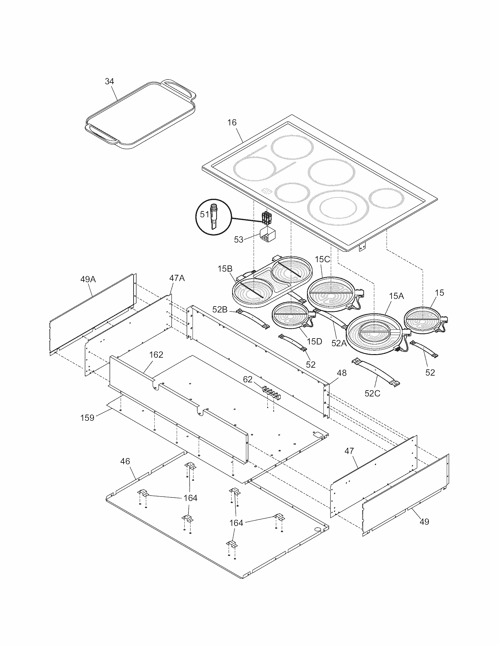 Maintop Diagram and Parts List for 79043043401  Kenmore Cooktop