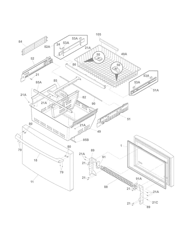 Freezer Drawer, Baskets Diagram and Parts List for EI28BS65KS7  Electrolux Refrigerator