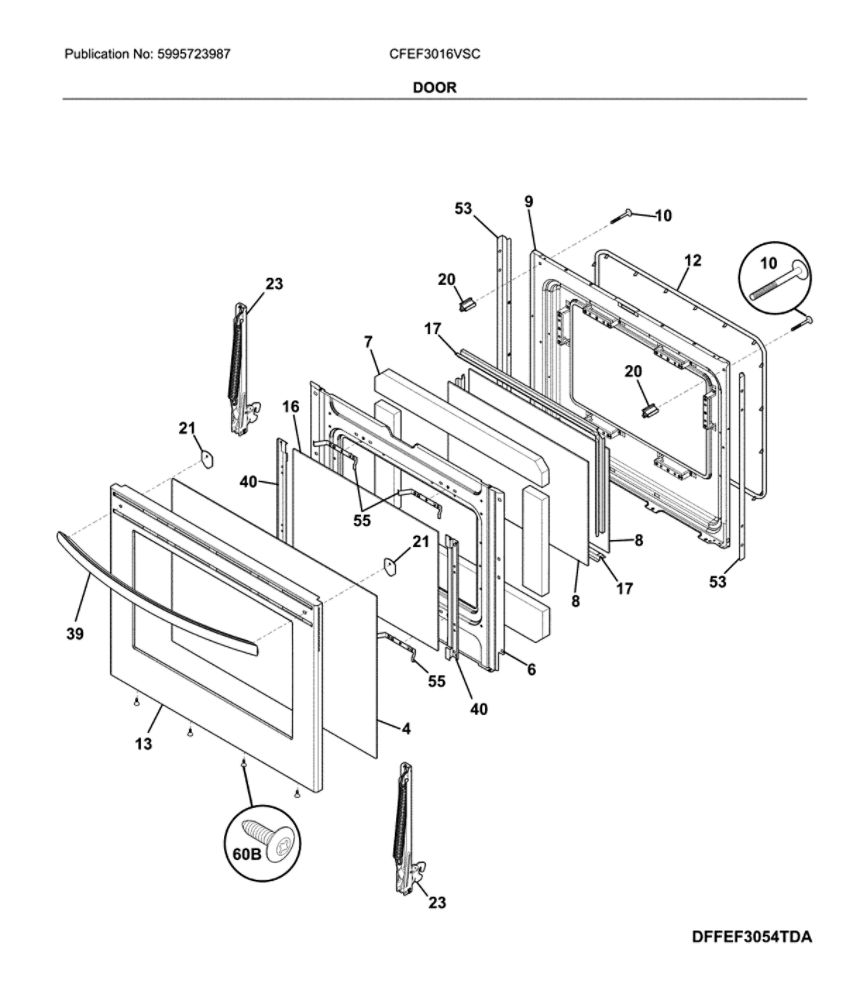 Door Diagram and Parts List for CFEF3016VSC  Frigidaire Range