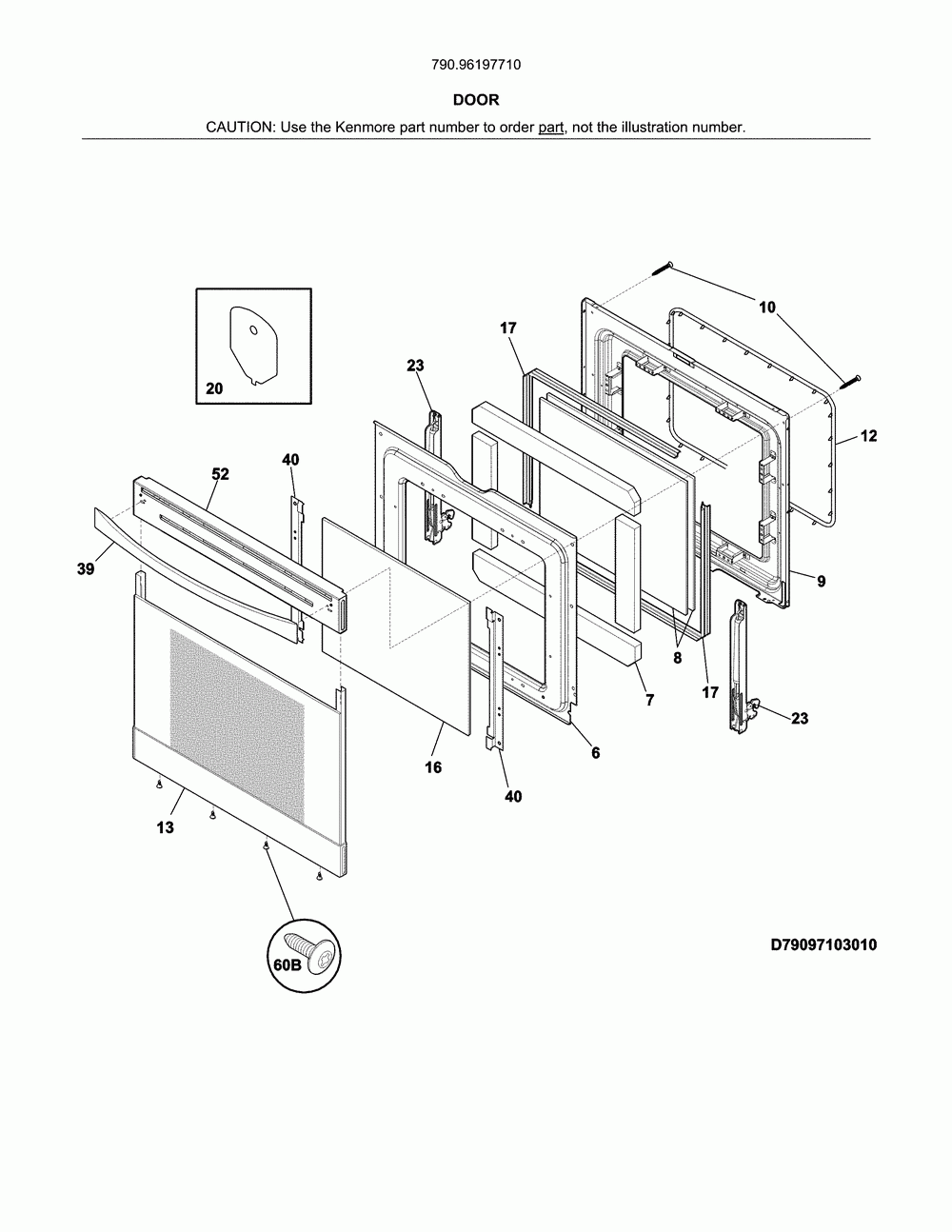 Door Diagram and Parts List for 79096197710  Kenmore Range