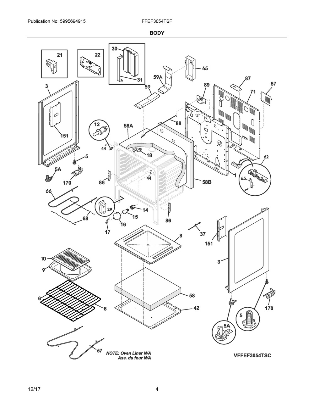 Body Diagram and Parts List for FFEF3054TSF  Frigidaire Range