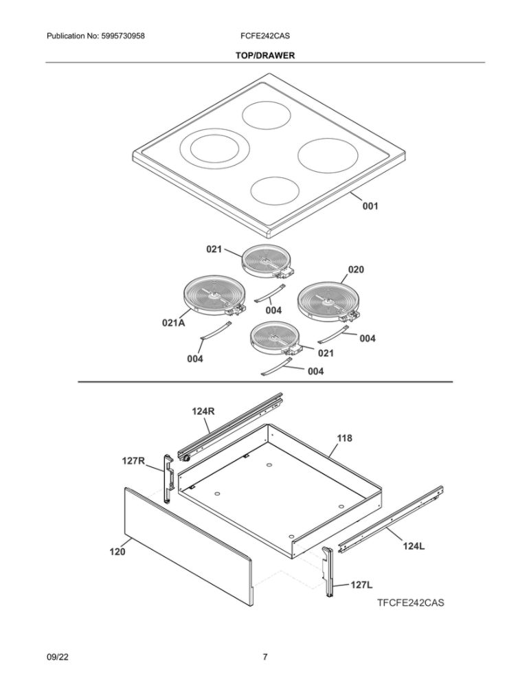 Top/Drawer Diagram and Parts List for FCFE242CAS  Frigidaire Range