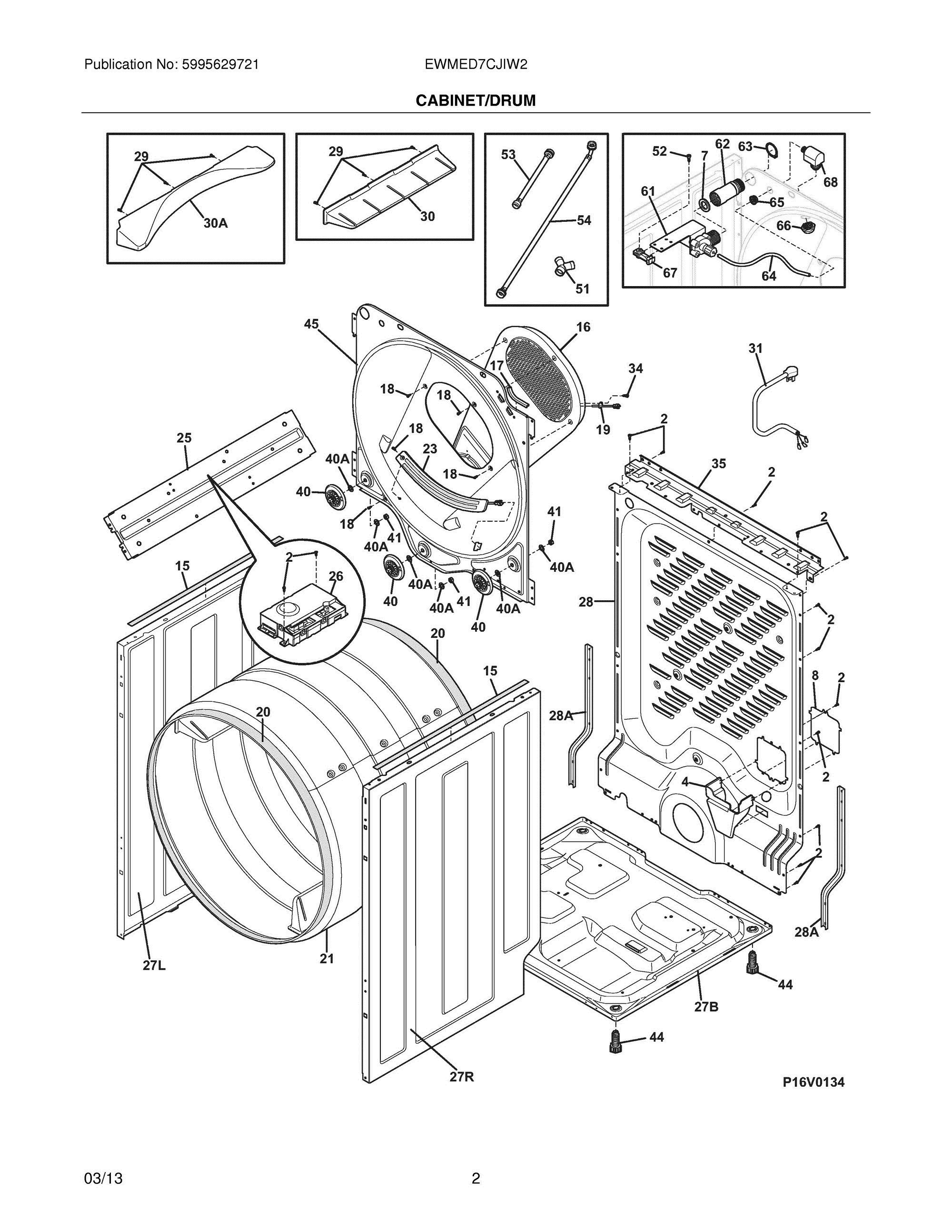 03 - CABINET/DRUM Diagram and Parts List for EWMED7CJIW2  Frigidaire Dryer
