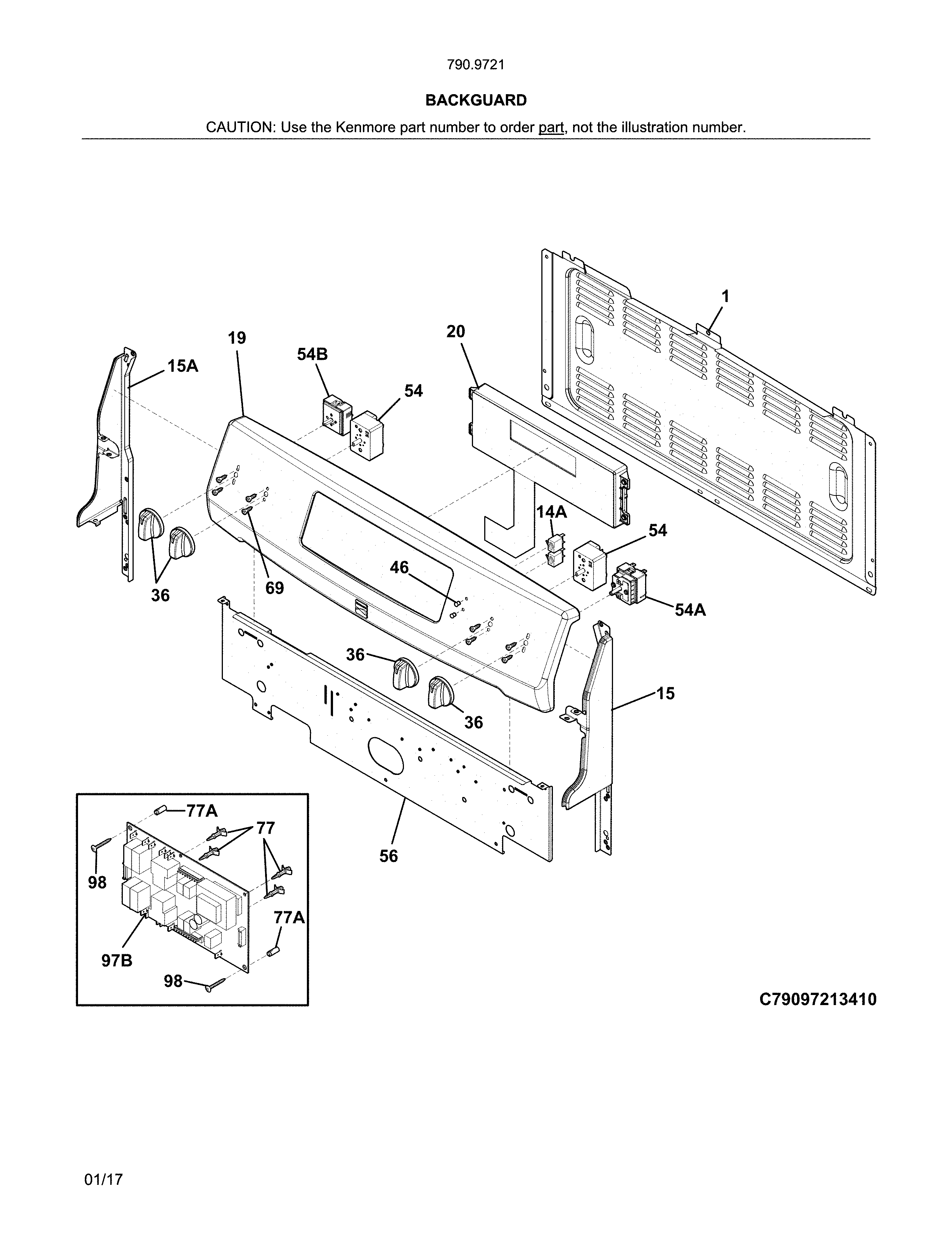 Backguard Diagram and Parts List for 79097219412  Kenmore Range