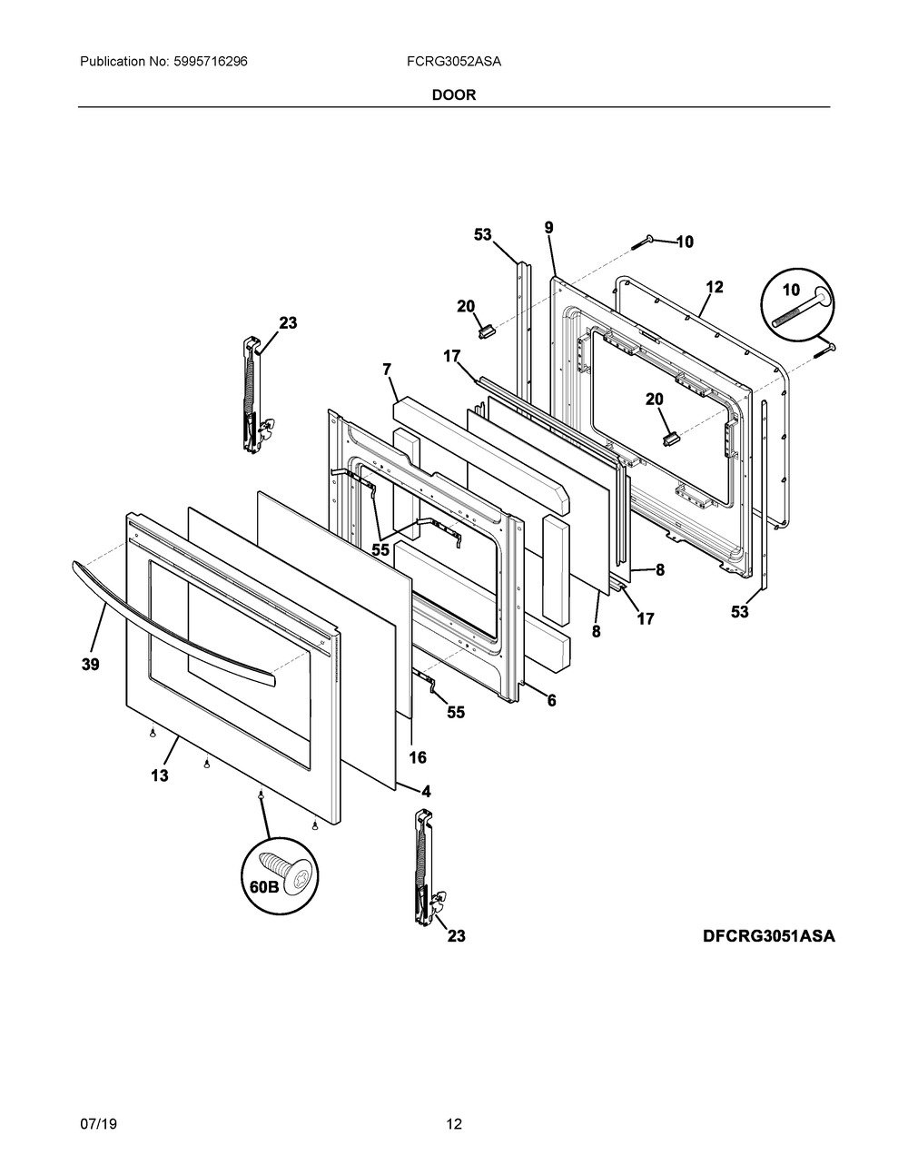 Door Diagram and Parts List for FCRG3052ASA  Frigidaire Range