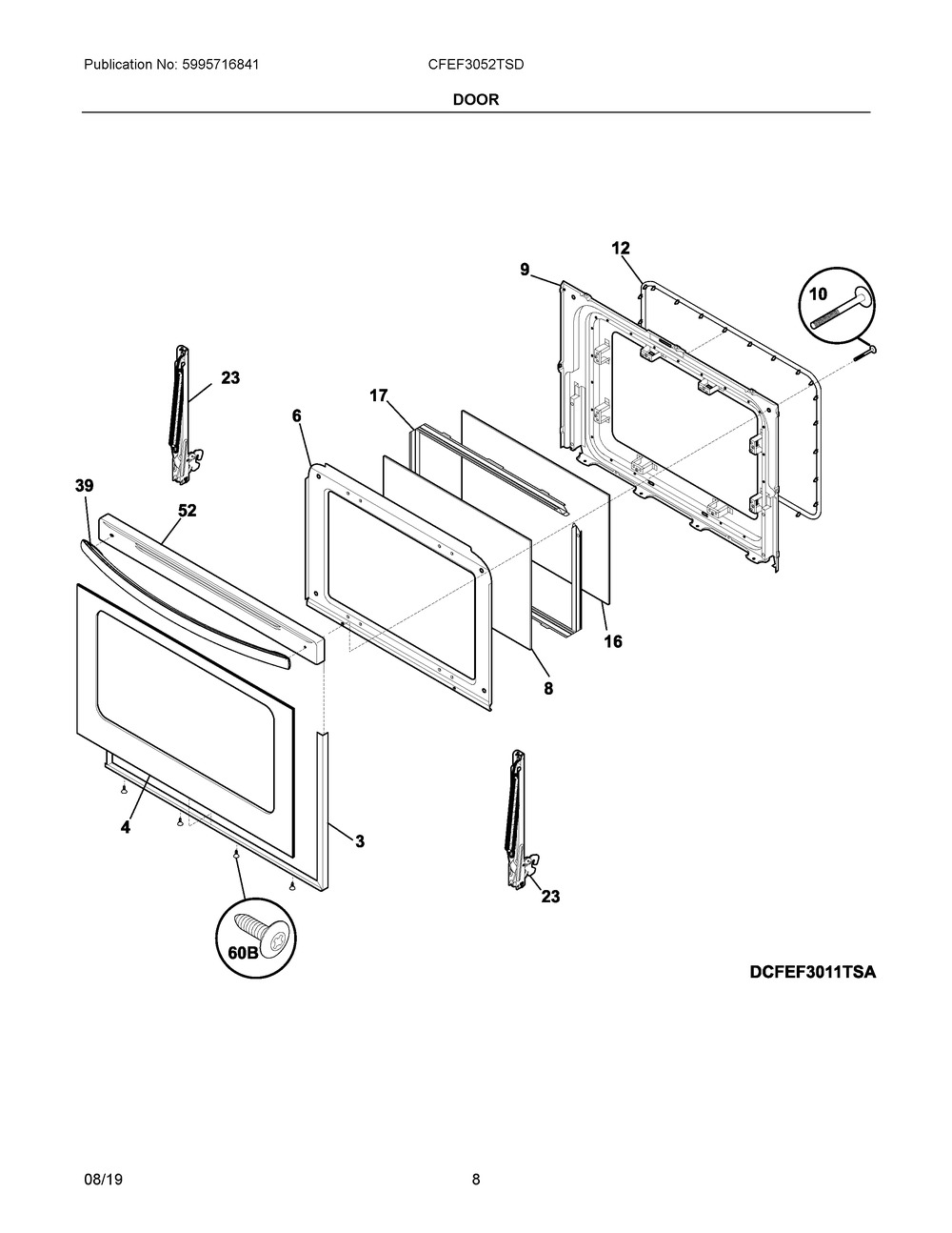 Door Diagram and Parts List for CFEF3052TSD  Frigidaire Range