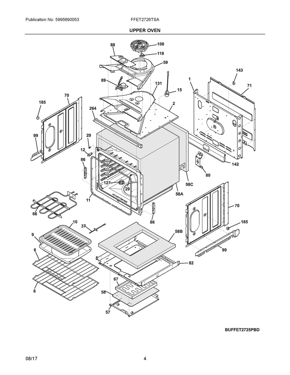 Upper Oven Diagram and Parts List for FFET2726TSA  Frigidaire Wall Oven