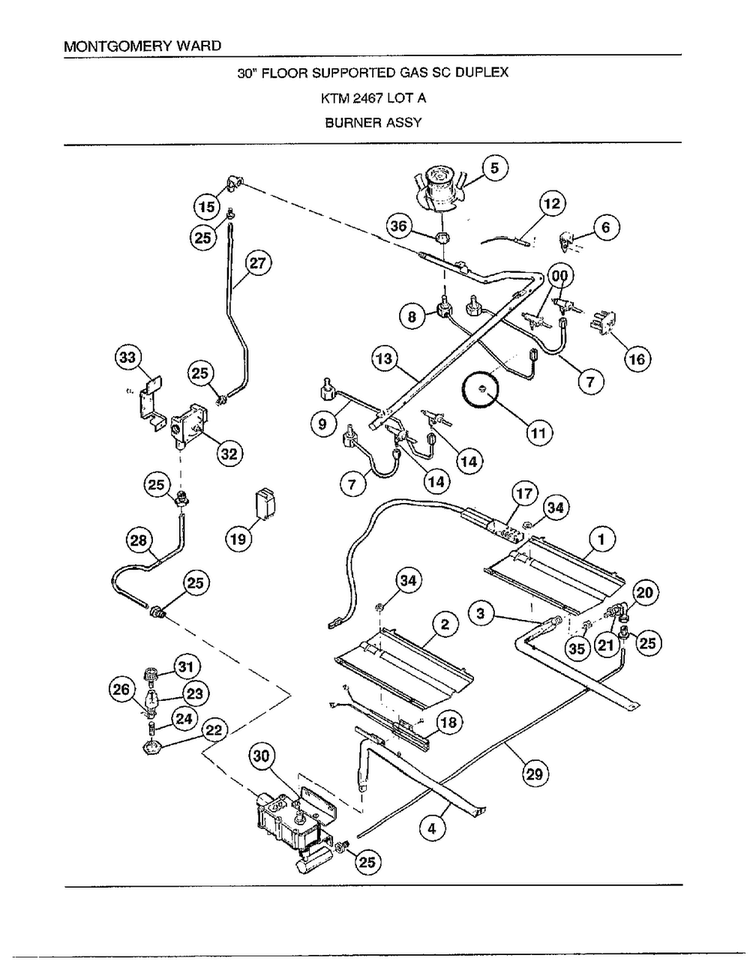 Burner Assembly Diagram and Parts List for 2467A  Frigidaire Range