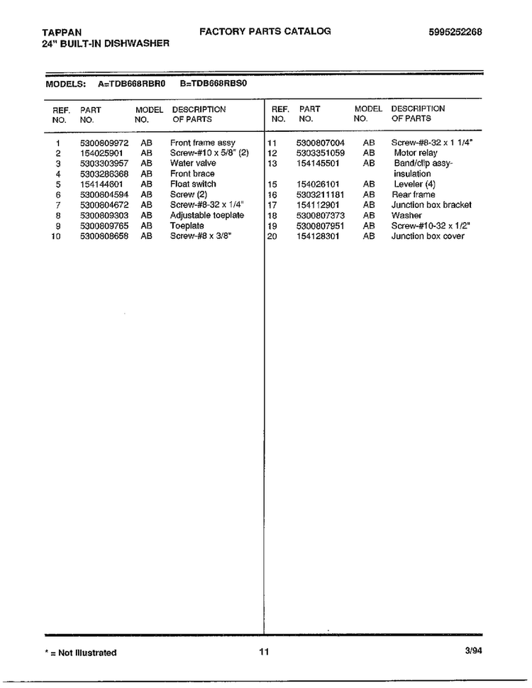 24" Built-in Dishwasher Page 11 Diagram and Parts List for 68-1085  Frigidaire Dishwasher