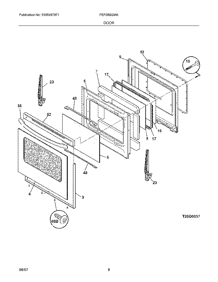 DOOR Diagram and Parts List for FEF368GMA  Frigidaire Range