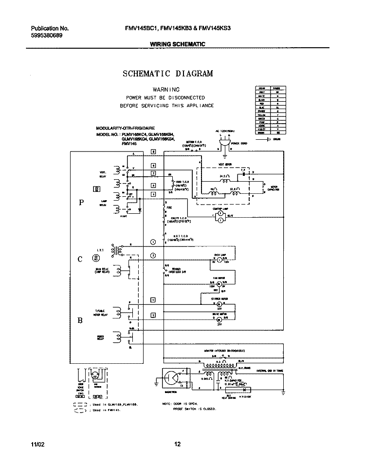 WIRING SCHEMATIC Diagram and Parts List for CFMV145BC1  Frigidaire Microwave