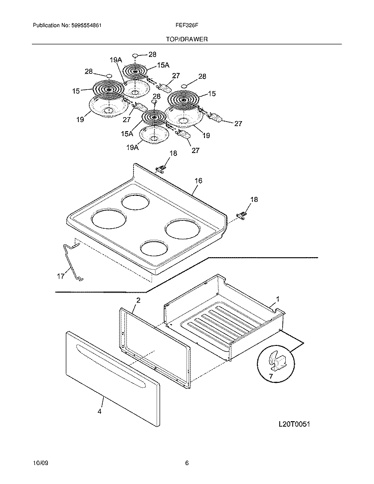 TOP/DRAWER Diagram and Parts List for FEF326FBF  Frigidaire Range