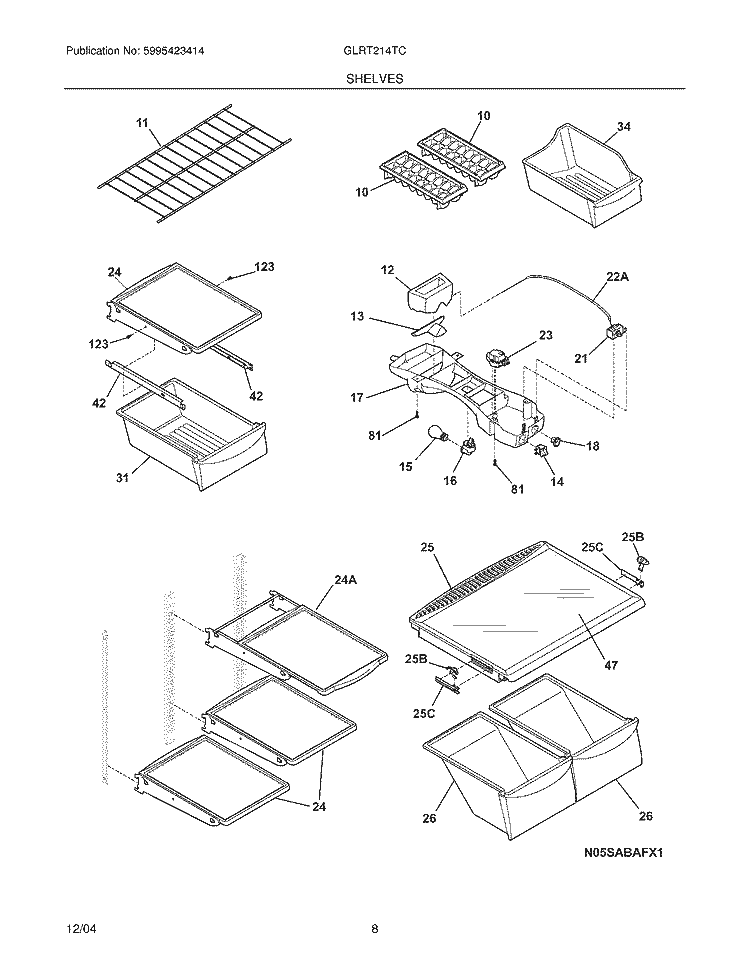 SHELVES Diagram and Parts List for GLRT214TCB4  Frigidaire Refrigerator