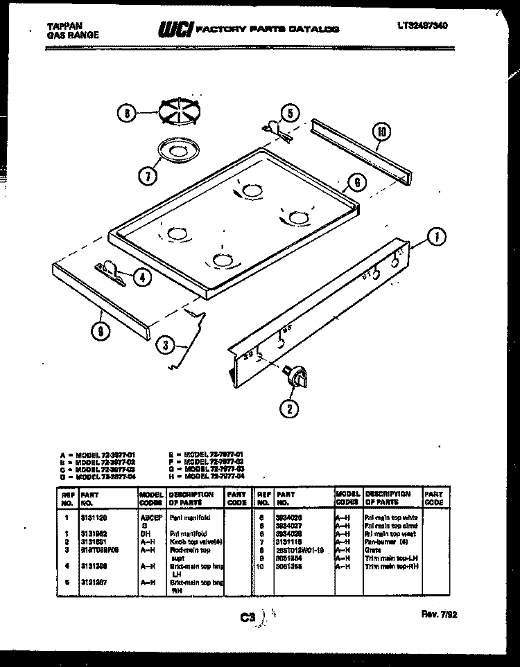 COOKTOP PARTS Diagram and Parts List for 72-3977-66-03  Tappan Range