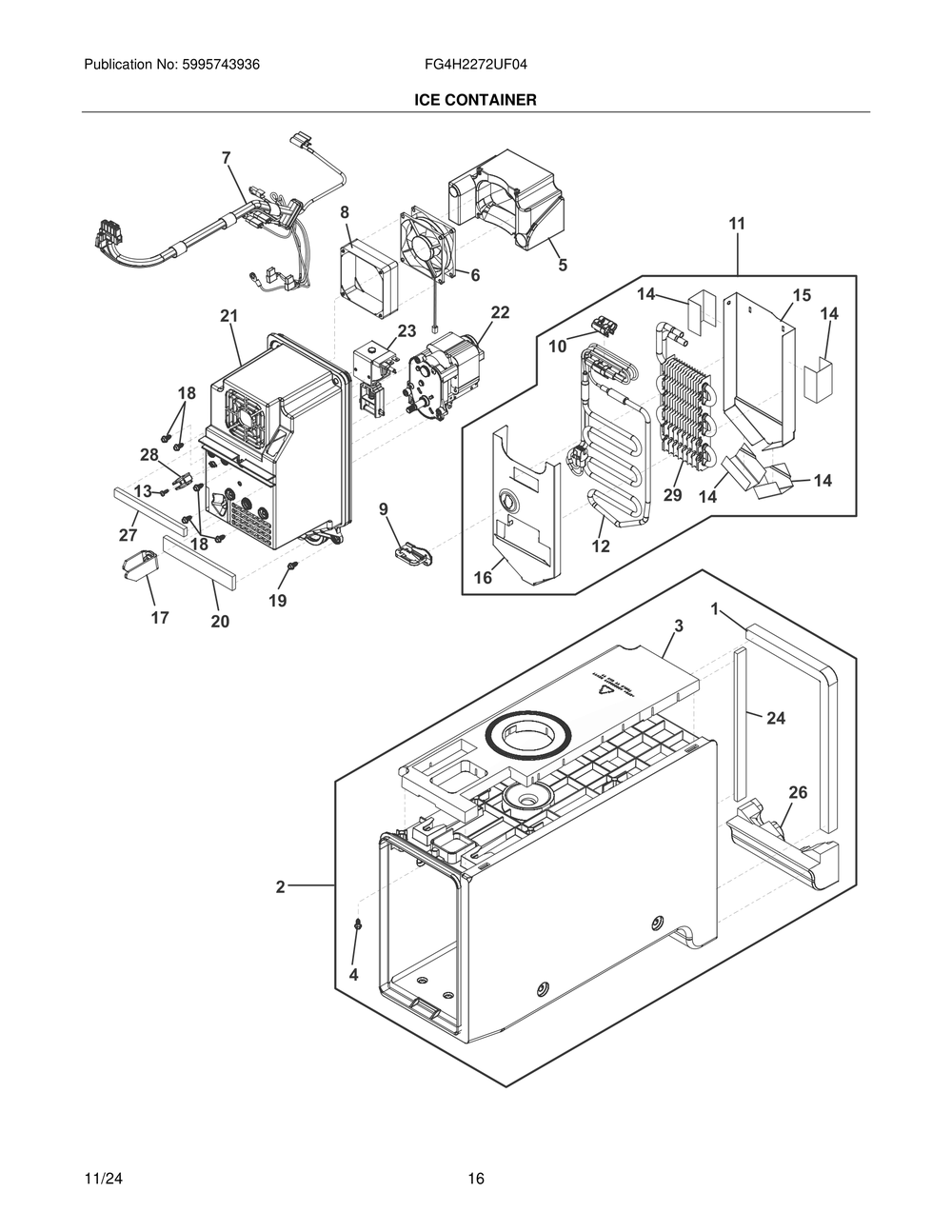 Ice Container Diagram and Parts List for FG4H2272UF04  Frigidaire Freezer