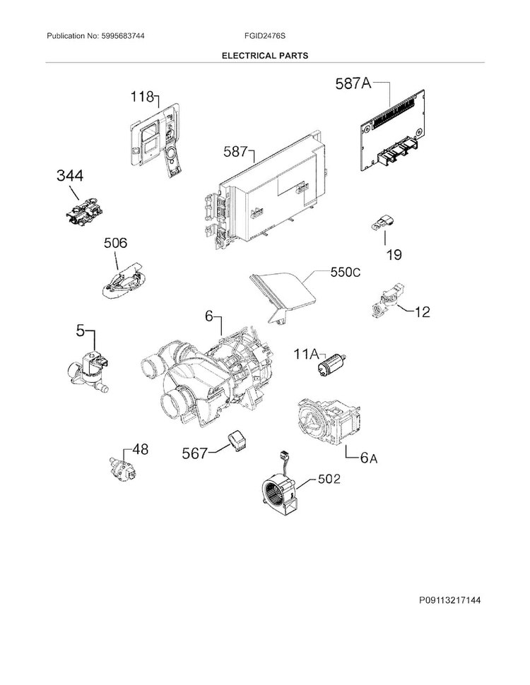 Electrical Parts Diagram and Parts List for FGID2476SB0A  Frigidaire Dishwasher