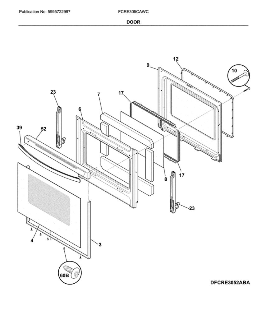 Door Diagram and Parts List for FCRE305CAWC  Frigidaire Range