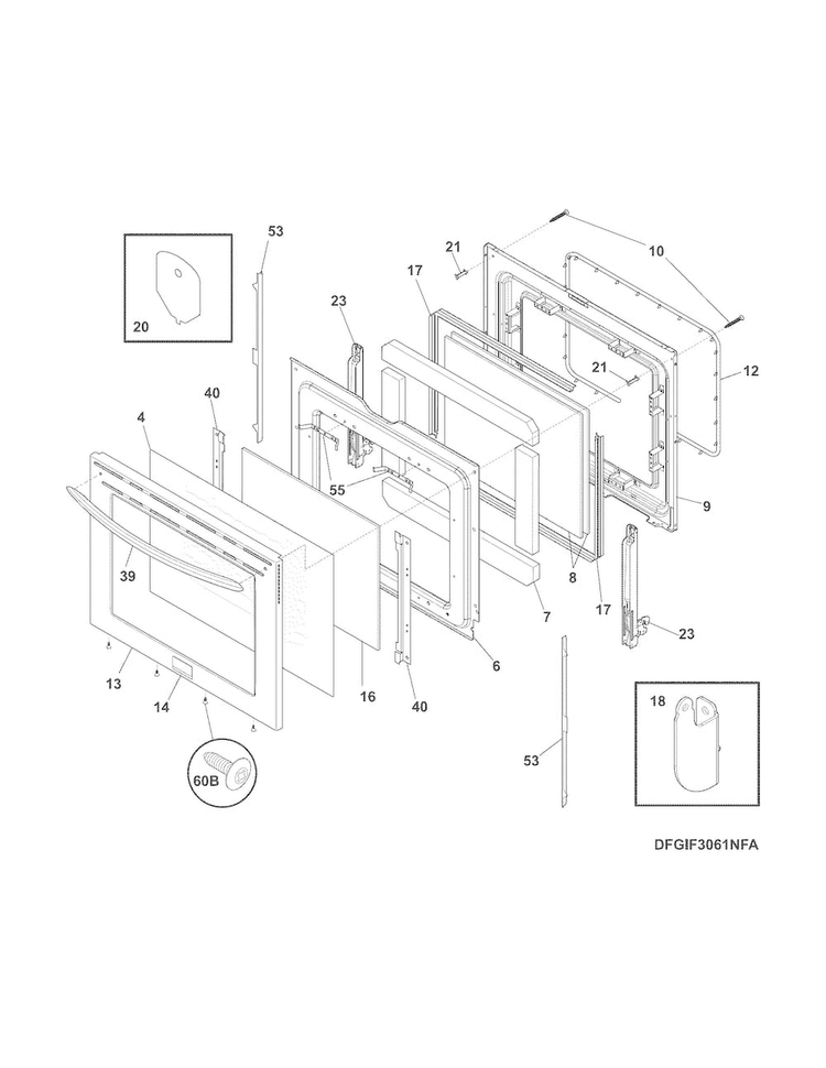 Door Diagram and Parts List for FGIF3061NFB  Frigidaire Range