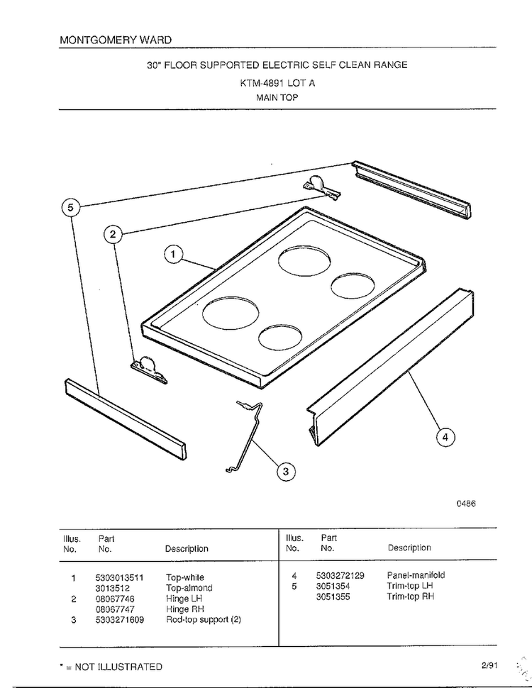Main Top Diagram and Parts List for 4891A  Frigidaire Range