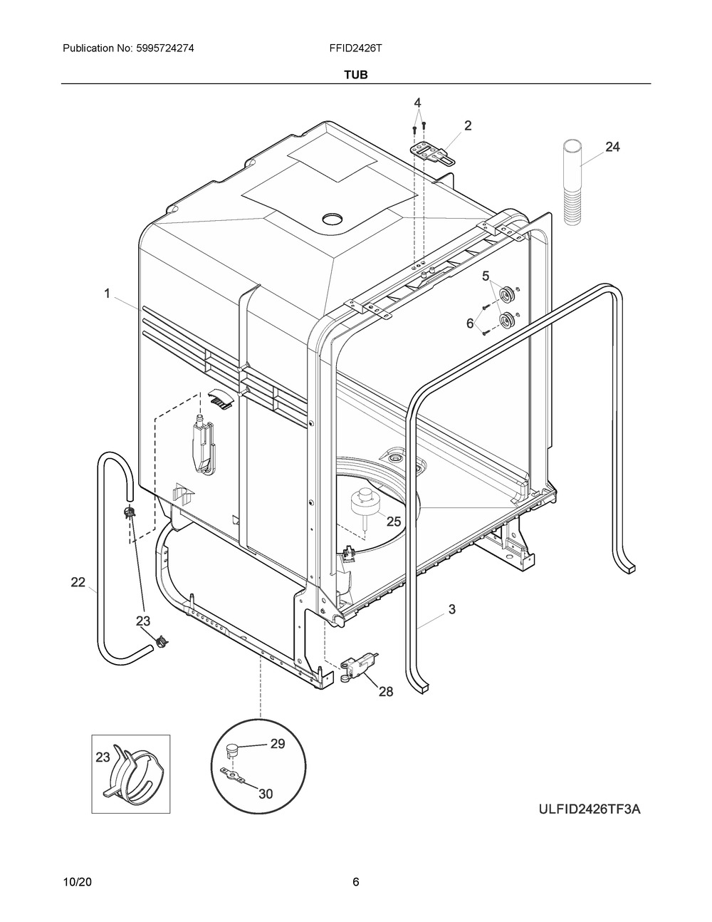 Tub Diagram and Parts List for FFID2426TD5A  Frigidaire Dishwasher
