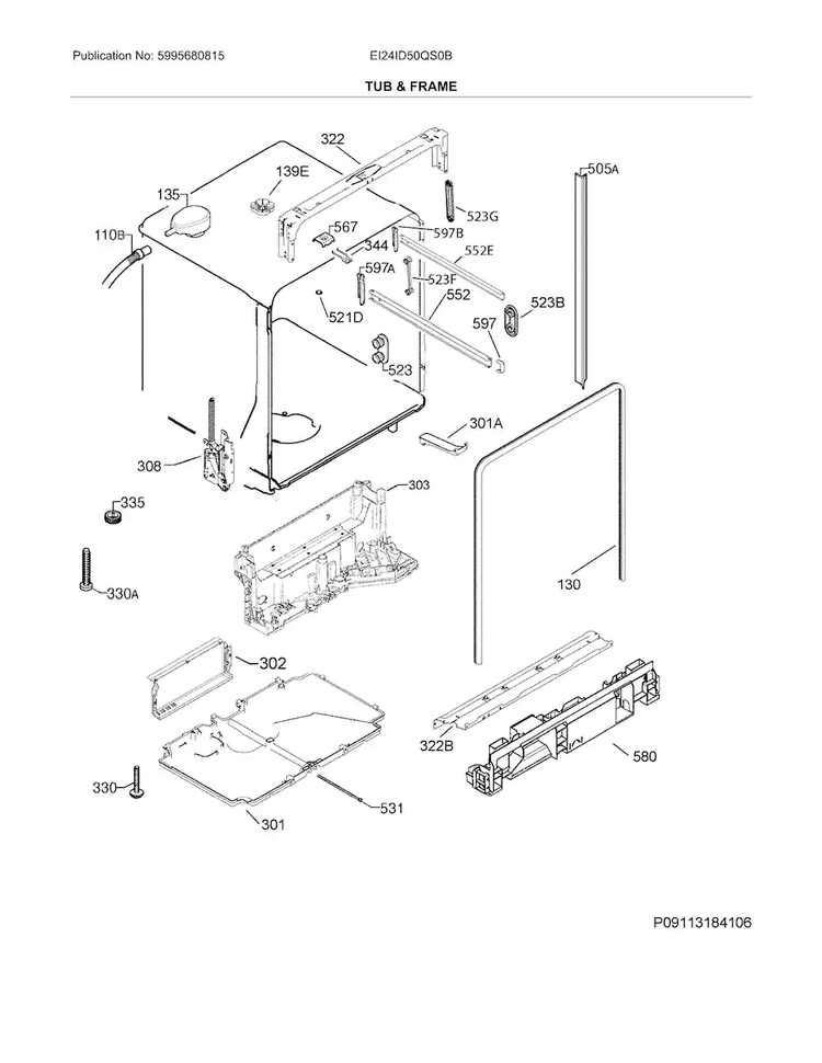 Tub & Frame Diagram and Parts List for EI24ID50QS0B  Electrolux Dishwasher