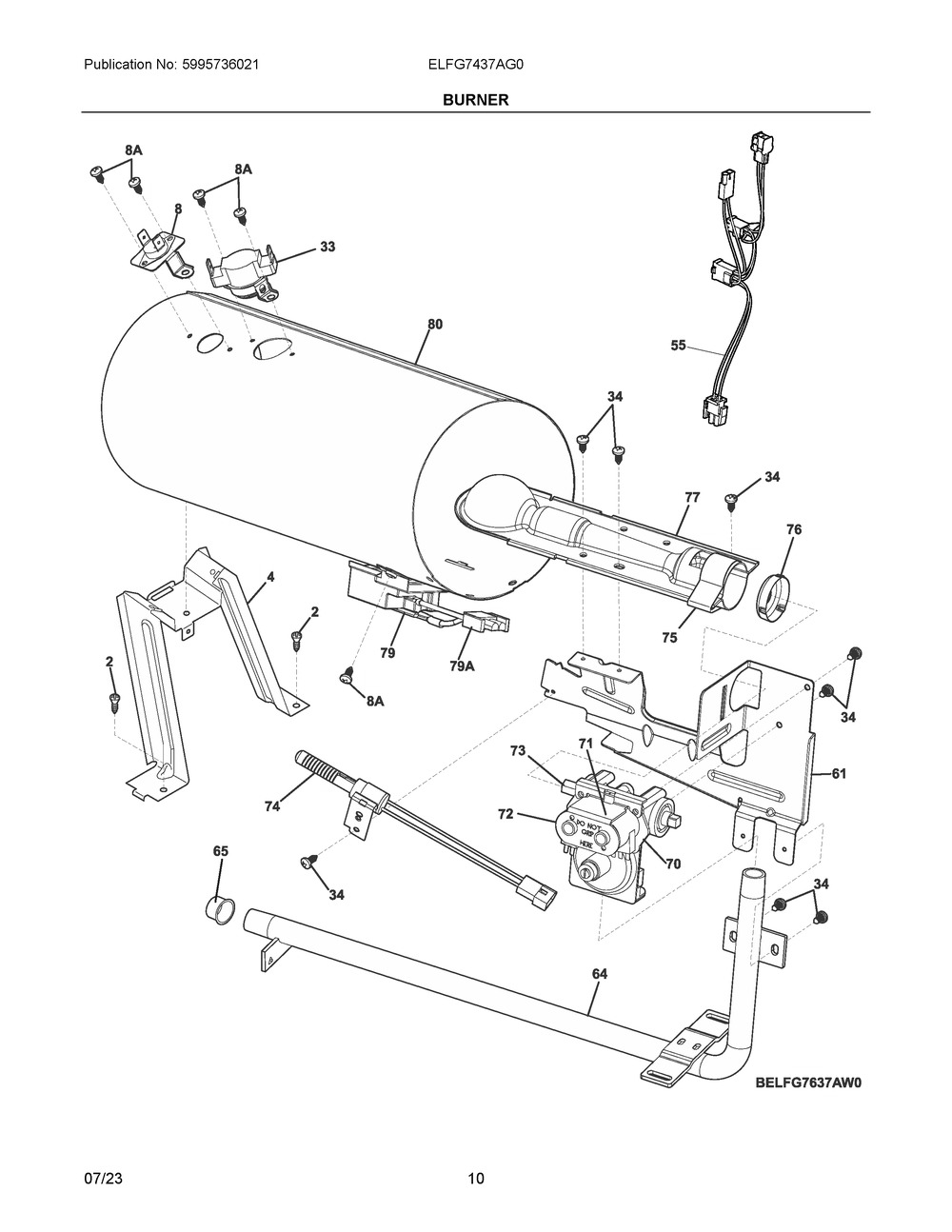 Burner Diagram and Parts List for ELFG7437AG0  Frigidaire Dryer
