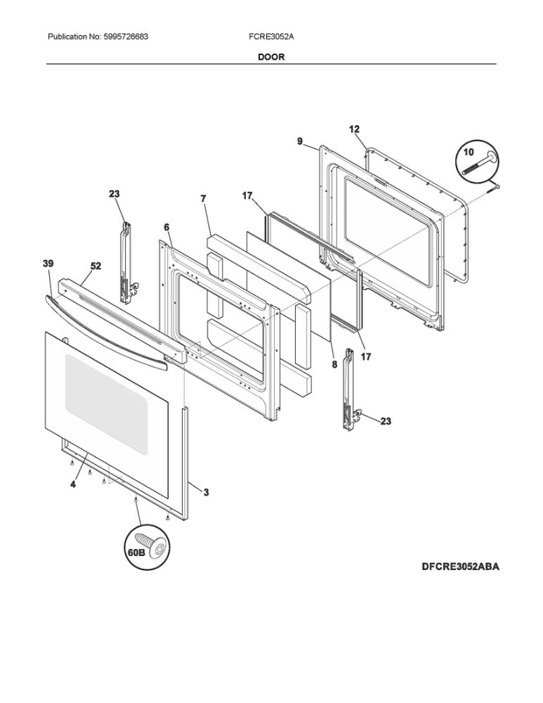 Door Diagram and Parts List for FCRE3052AWF  Frigidaire Range