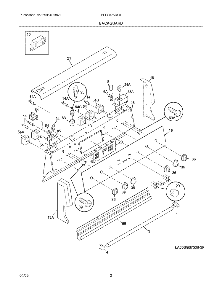 BACKGUARD Diagram and Parts List for PFEF375CS3  Frigidaire Range