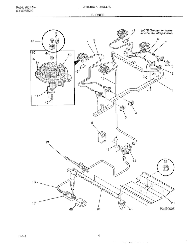 Burner Diagram and Parts List for 283440A  Frigidaire Range