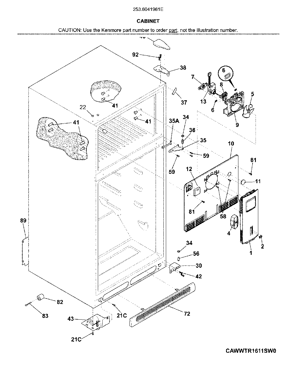 Cabinet Diagram and Parts List for 2536041961E  Kenmore Refrigerator