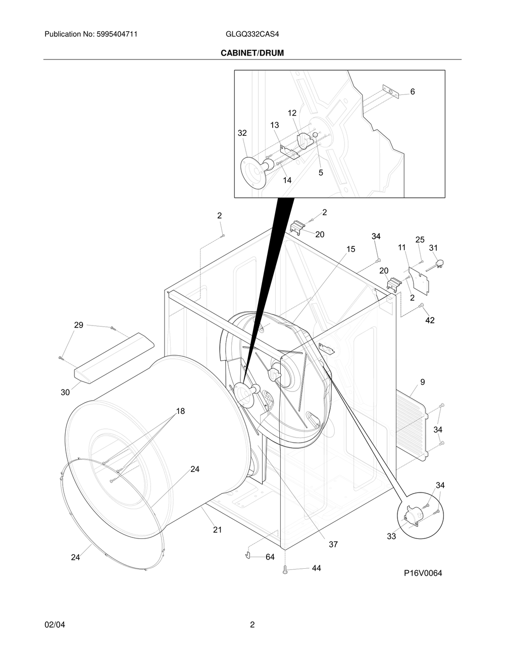 Cabinet/Drum Diagram and Parts List for GLGQ332CAS4  Frigidaire Dryer