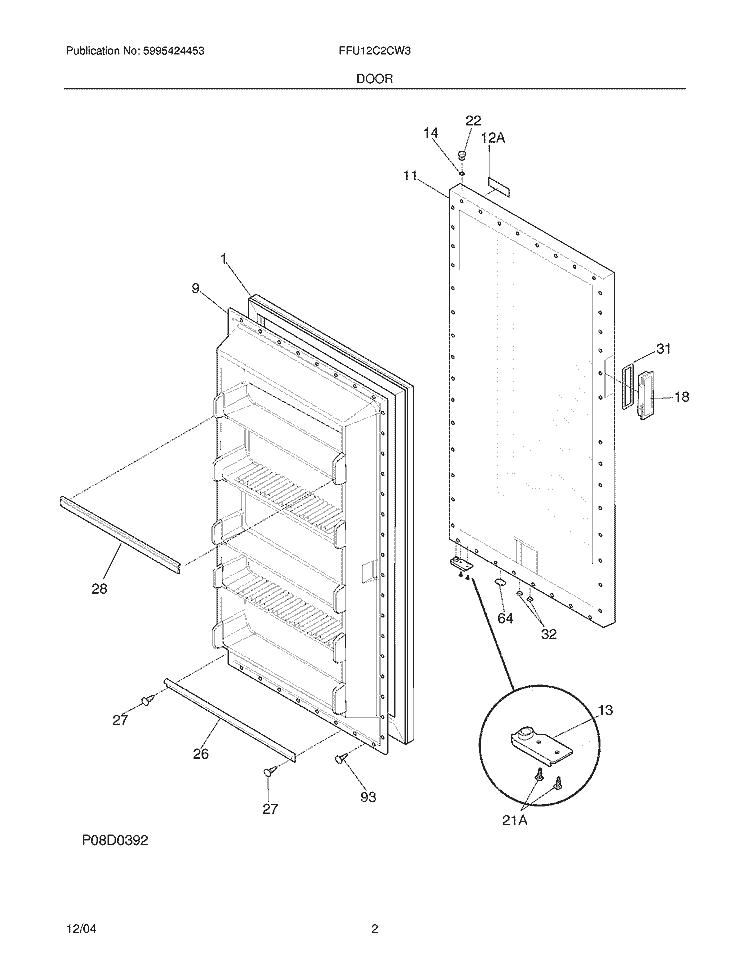 DOOR Diagram and Parts List for FFU12C2CW3  Frigidaire Freezer