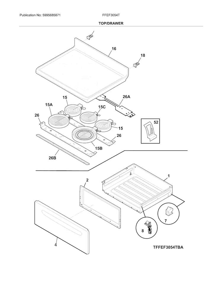 Top/drawer Diagram and Parts List for FFEF3054TWA  Frigidaire Range